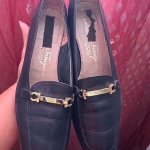Salvatore Ferragamo Black Leather Loafers with Gold Hardware